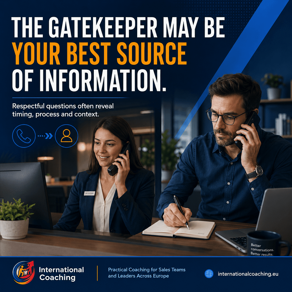 Gatekeeper sharing information with a sales professional who listens attentively.