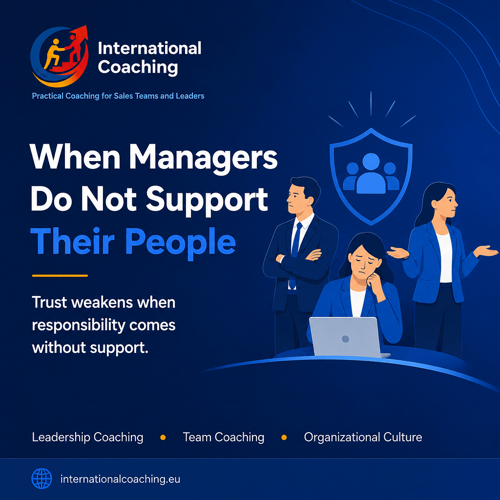 Leadership coaching visual about managers supporting their people and the impact on trust, clarity and performance.