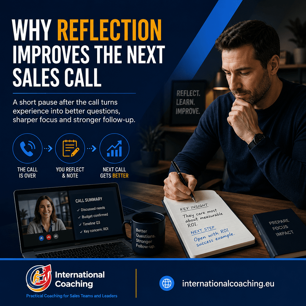 Sales professional reflects on a completed video call and writes down one key insight to improve the next sales conversation.