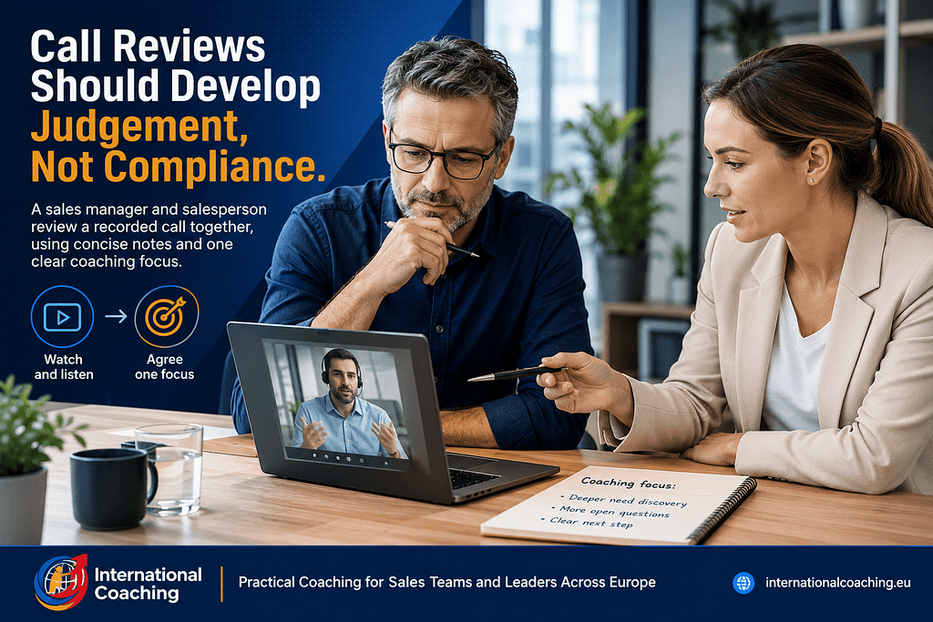 Sales manager and salesperson reviewing a call to identify one improvement.