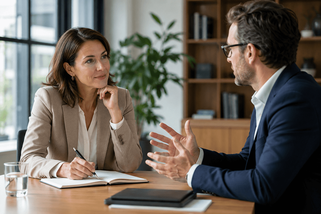 Two professionals listening and asking questions during a balanced B2B sales conversation.