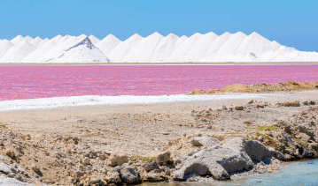 Op de voorgrond zijn de felroze zoutvlakten van Bonaire zichtbaar, met een rij hoge, witte zoutpiramides onder een strakblauwe lucht. Dit creëert een sereen en surrealistisch landschap.