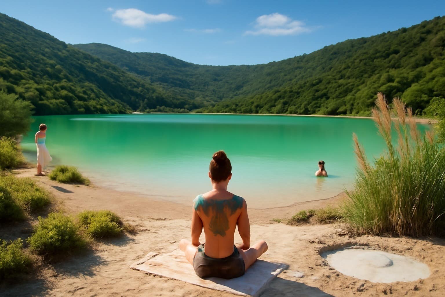 Een persoon mediteert op een mat bij een sereen turquoise meer in Pantelleria, omgeven door weelderige heuvels. Twee anderen genieten van het water. Het tafereel is vredig en natuurlijk.