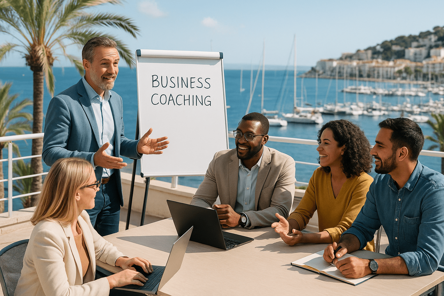 Coaching voor Teams en Individuen | International Coaching. Ontdek op maat gemaakte coachingstrajecten voor professionals en teams. Professionele Coaching voor Teams en Individuen | International Coaching. Een man staat bij een flip-over met de tekst Business Coaching en spreekt met vier collega's die aan een tafel buiten zitten met laptops. Op de achtergrond zijn palmbomen, een jachthaven en gebouwen aan het water te zien.